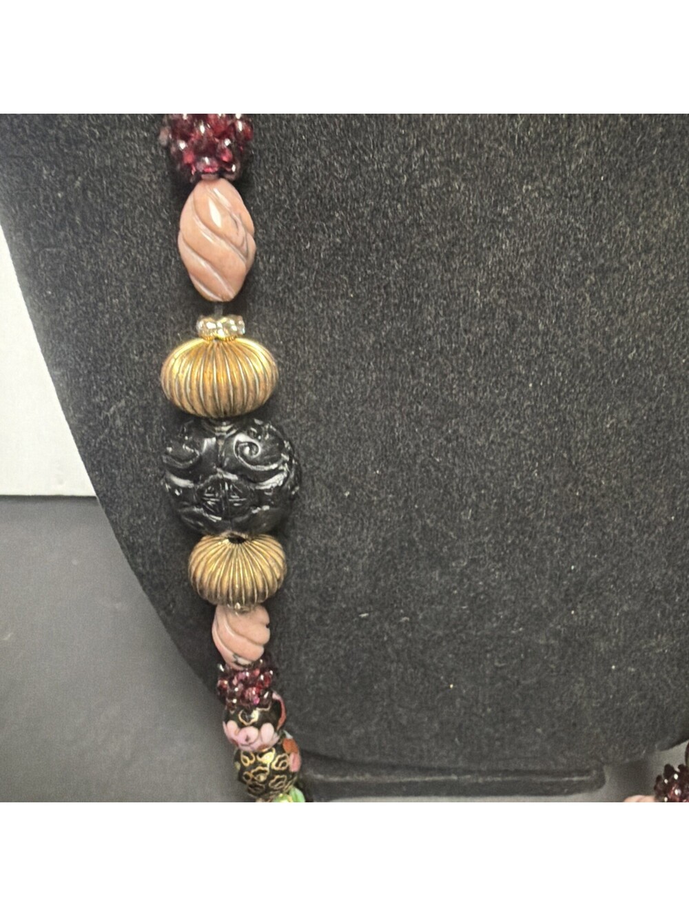 Vintage Art Glass Beaded Necklace Wedding Cake Style Beads Stone Carved Chinese - Picture 4 of 14